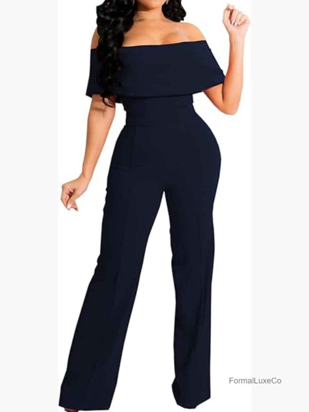 Off Shoulder Ruffle Jumpsuit Wide Leg Long Pants Romper with Pockets